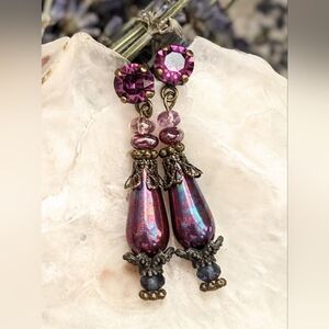 Victorian Wine Amethyst Swarovski Crystal & Glass Ornate Brass Earrings